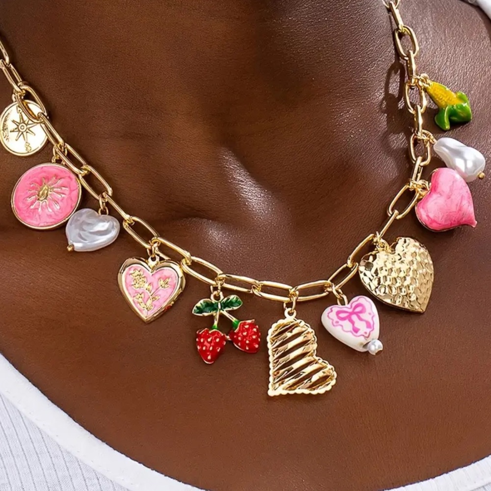 NEW Gold Charm Necklace Whimsical with Pink and Red Accents